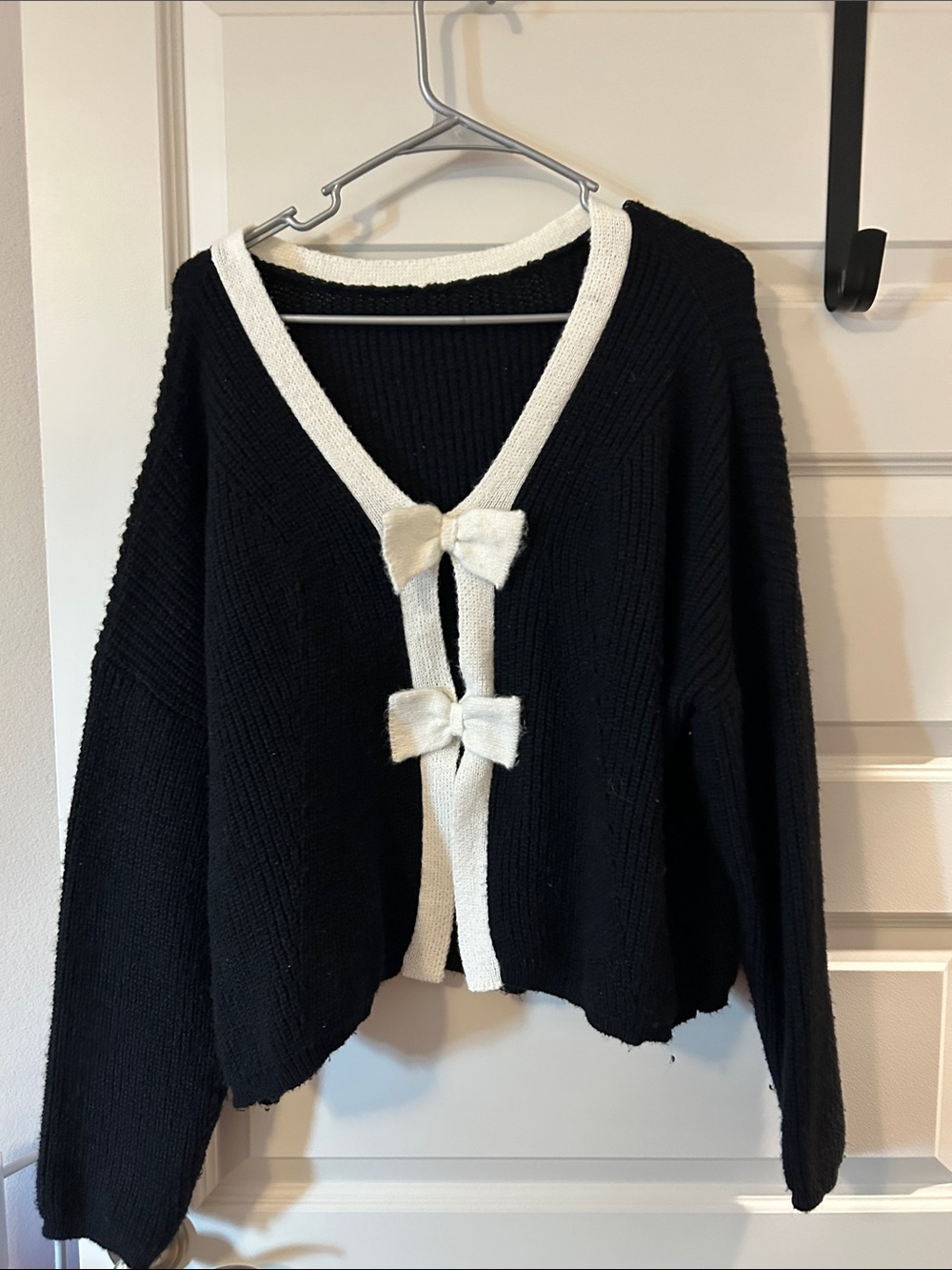 SHEIN Black Sweater Cardigan with Cream Bow Trim